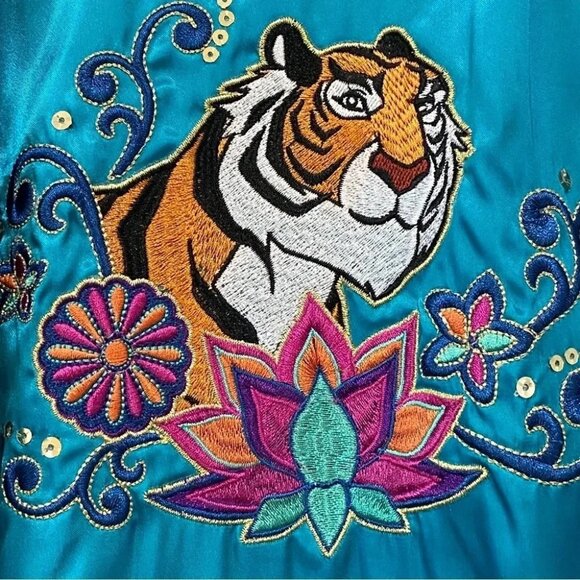 RARE Disney Princess Jasmine L Aladdin Satin Teal Blue Bomber Jacket Embroidered - Picture 3 of 16